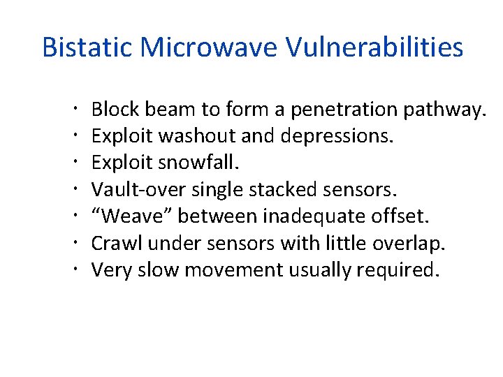 Bistatic Microwave Vulnerabilities Block beam to form a penetration pathway. Exploit washout and depressions.