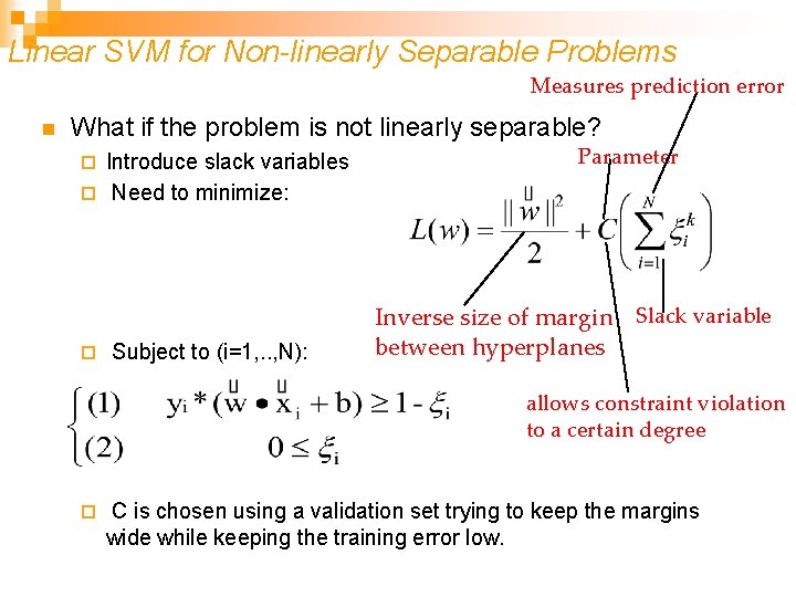 Linear SVM for Non-linearly Separable Problems Measures prediction error n What if the problem Linear SVM for Non-linearly Separable Problems Measures prediction error n What if the problem