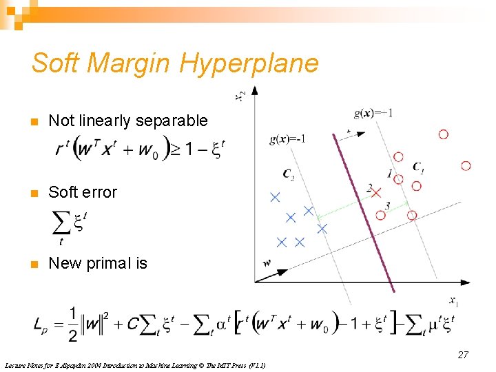 Soft Margin Hyperplane n Not linearly separable n Soft error n New primal is Soft Margin Hyperplane n Not linearly separable n Soft error n New primal is