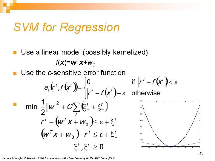 SVM for Regression n n Use a linear model (possibly kernelized) f(x)=w. Tx+w 0 SVM for Regression n n Use a linear model (possibly kernelized) f(x)=w. Tx+w 0