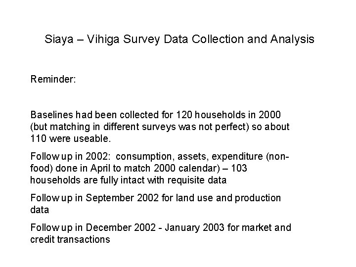 Siaya – Vihiga Survey Data Collection and Analysis Reminder: Baselines had been collected for