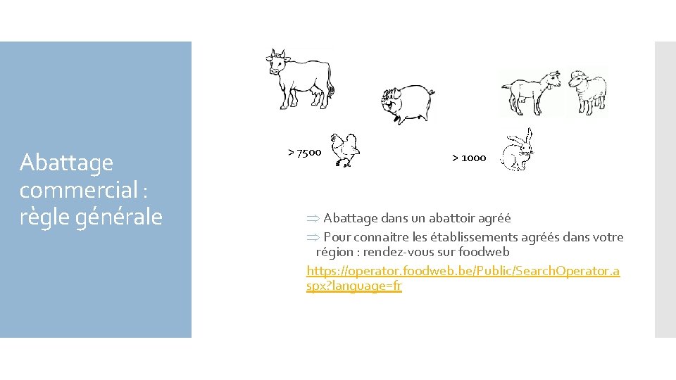 Abattage commercial : règle générale > 7500 > 1000 Þ Abattage dans un abattoir