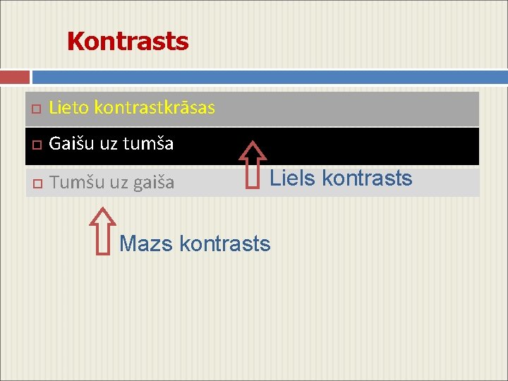 Kontrasts Lieto kontrastkrāsas Gaišu uz tumša Tumšu uz gaiša Liels kontrasts Mazs kontrasts 