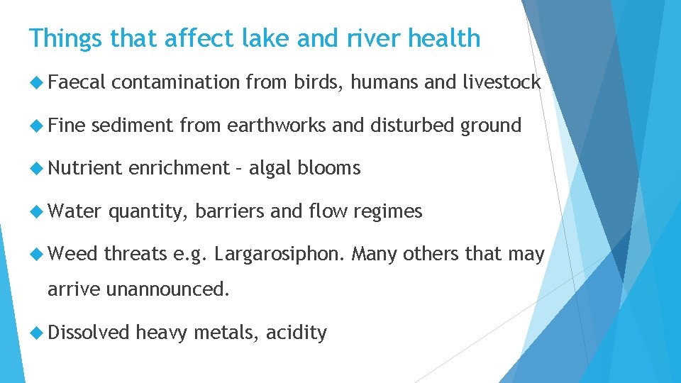 Things that affect lake and river health Faecal Fine contamination from birds, humans and