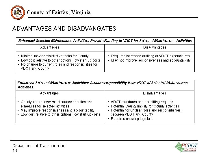 County of Fairfax, Virginia ADVANTAGES AND DISADVANGATES Enhanced Selected Maintenance Activities: Provide Funding to