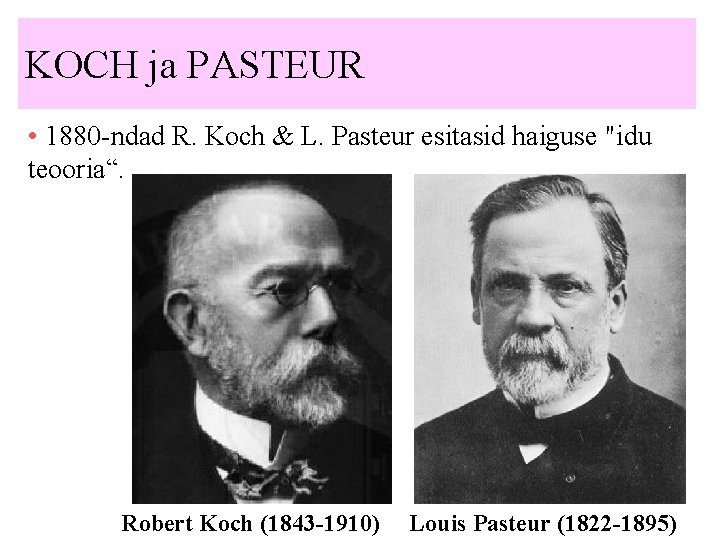 KOCH ja PASTEUR • 1880 -ndad R. Koch & L. Pasteur esitasid haiguse "idu