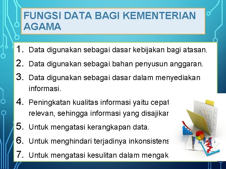 FUNGSI DATA BAGI KEMENTERIAN AGAMA 1. 2. 3. Data digunakan sebagai dasar kebijakan bagi