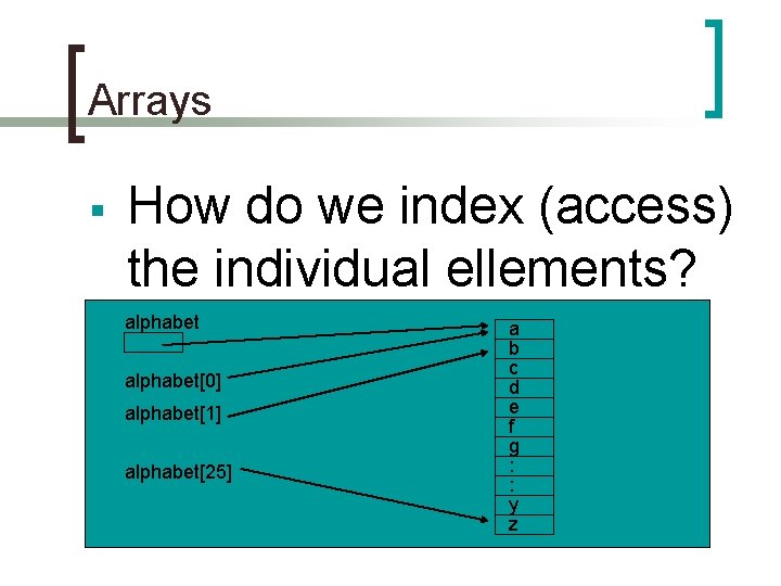 Arrays § How do we index (access) the individual ellements? alphabet[0] alphabet[1] alphabet[25] a