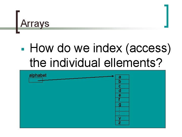 Arrays § How do we index (access) the individual ellements? alphabet a b c