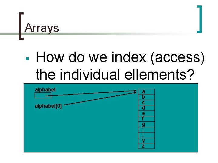 Arrays § How do we index (access) the individual ellements? alphabet[0] a b c