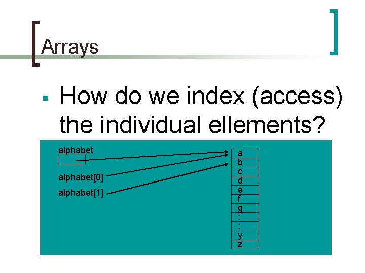 Arrays § How do we index (access) the individual ellements? alphabet[0] alphabet[1] a b