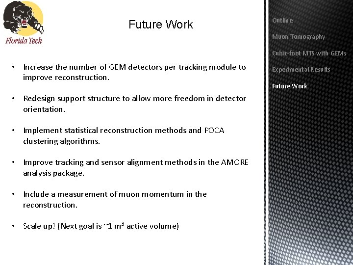 Future Work Outline Muon Tomography Cubic-foot MTS with GEMs • Increase the number of