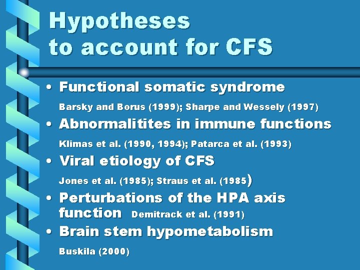 Hypotheses to account for CFS • Functional somatic syndrome Barsky and Borus (1999); Sharpe