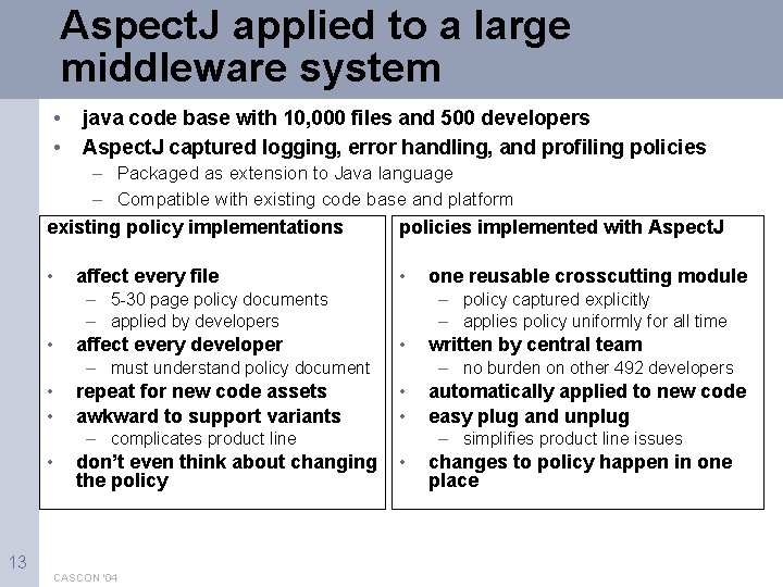Aspect. J applied to a large middleware system • • java code base with