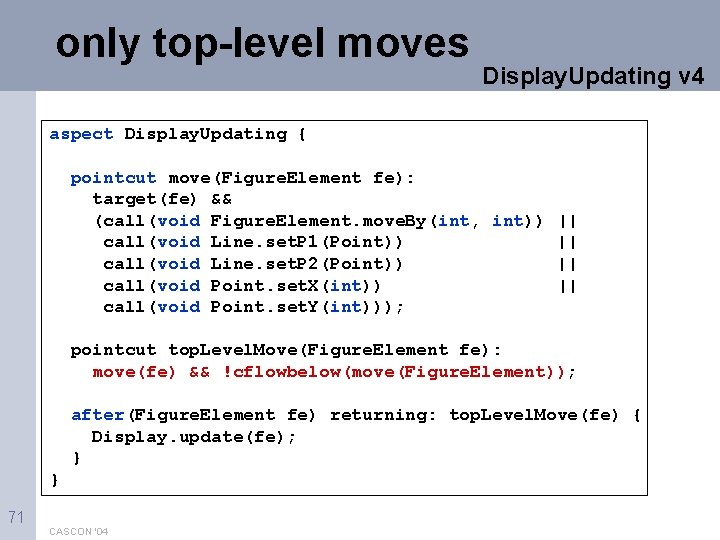 only top-level moves Display. Updating v 4 aspect Display. Updating { pointcut move(Figure. Element