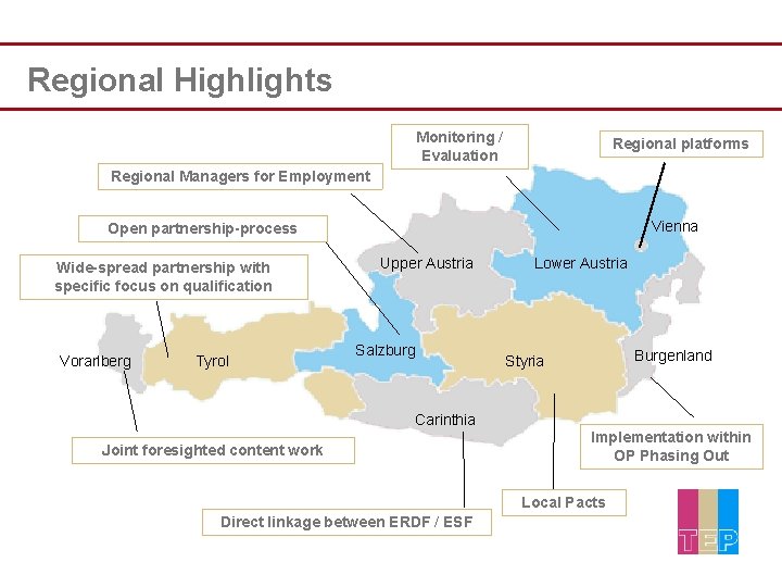 Regional Highlights Monitoring / Evaluation Regional platforms Regional Managers for Employment Vienna Open partnership-process