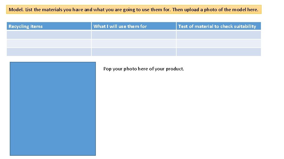 Model. List the materials you have and what you are going to use them