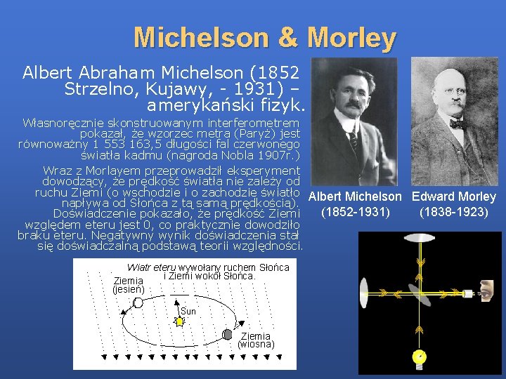 Michelson & Morley Albert Abraham Michelson (1852 Strzelno, Kujawy, - 1931) – amerykański fizyk.