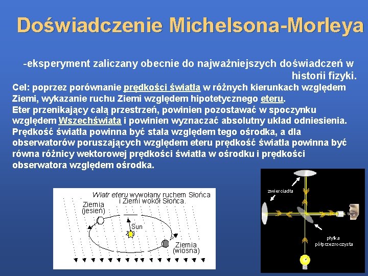 Doświadczenie Michelsona-Morleya -eksperyment zaliczany obecnie do najważniejszych doświadczeń w historii fizyki. Cel: poprzez porównanie