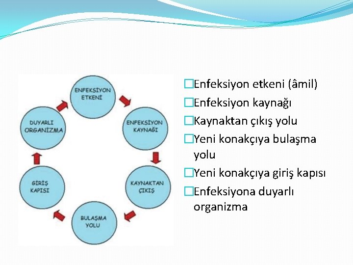 �Enfeksiyon etkeni (âmil) �Enfeksiyon kaynağı �Kaynaktan çıkış yolu �Yeni konakçıya bulaşma yolu �Yeni konakçıya