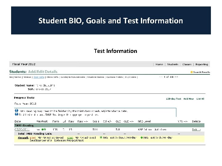 Student BIO, Goals and Test Information 