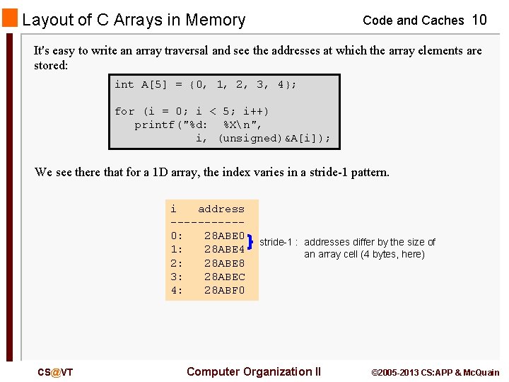 Layout of C Arrays in Memory Code and Caches 10 It's easy to write