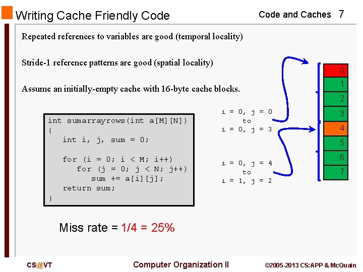 Code and Caches 7 Writing Cache Friendly Code Repeated references to variables are good