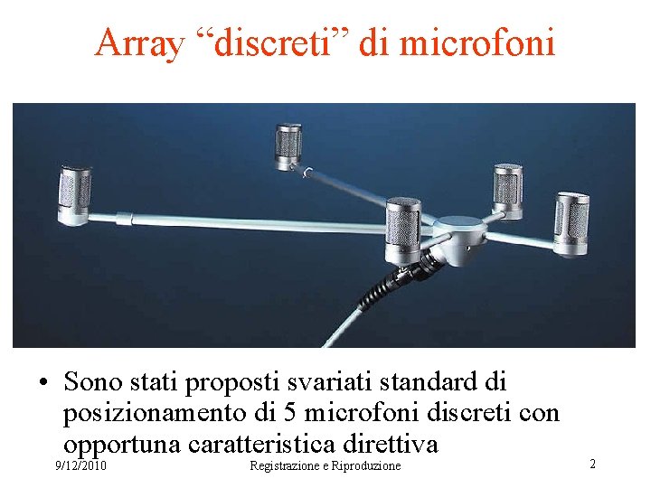 Array “discreti” di microfoni • Sono stati proposti svariati standard di posizionamento di 5