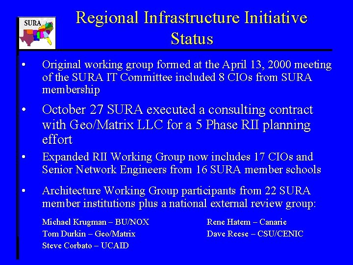 Regional Infrastructure Initiative Status • Original working group formed at the April 13, 2000