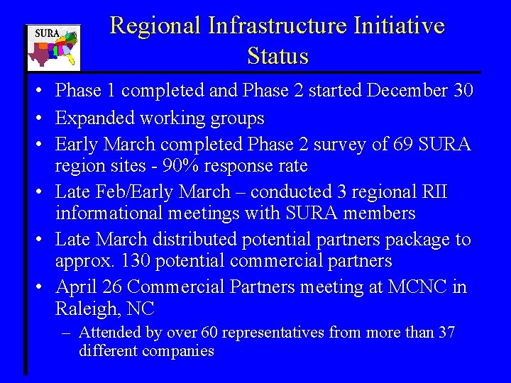 Regional Infrastructure Initiative Status • • • Phase 1 completed and Phase 2 started