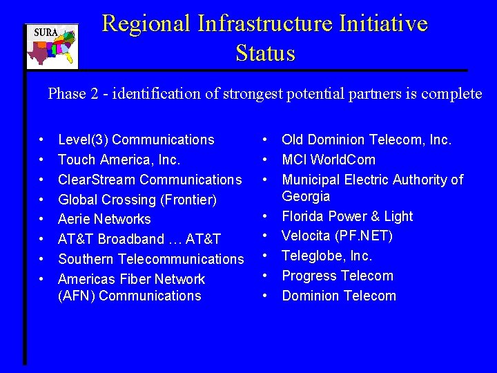 Regional Infrastructure Initiative Status Phase 2 - identification of strongest potential partners is complete