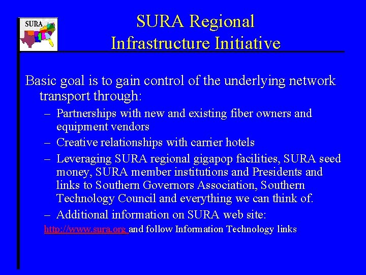 SURA Regional Infrastructure Initiative Basic goal is to gain control of the underlying network
