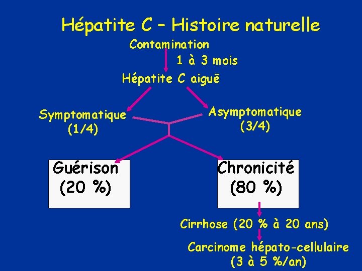 Hépatite C – Histoire naturelle Contamination 1 à 3 mois Hépatite C aiguë Symptomatique