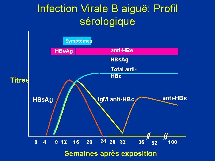 Infection Virale B aiguë: Profil sérologique Symptômes anti-HBe HBe. Ag HBs. Ag Total anti.