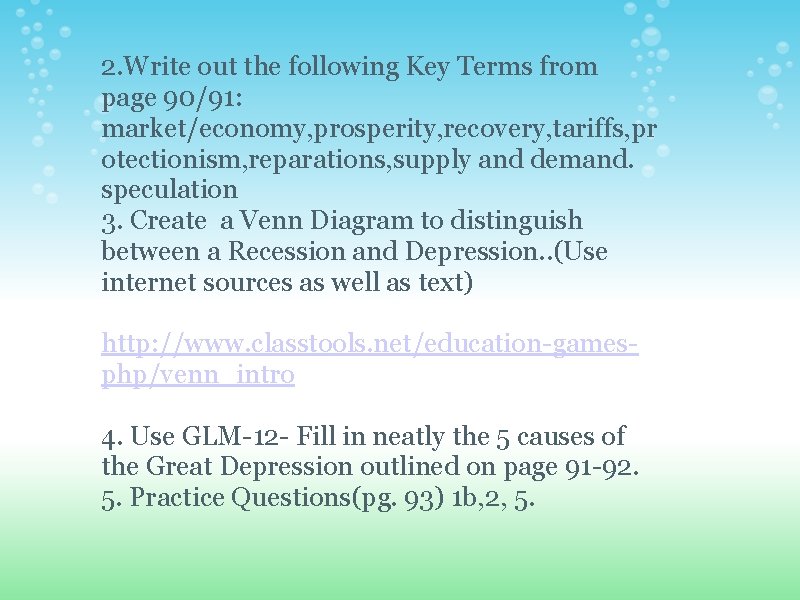 2. Write out the following Key Terms from page 90/91: market/economy, prosperity, recovery, tariffs,