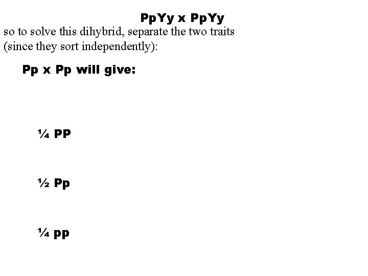 Pp. Yy x Pp. Yy so to solve this dihybrid, separate the two traits