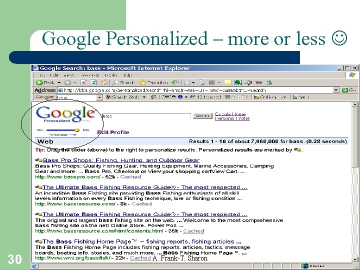 Google Personalized – more or less 30 A. Frank-T. Sharon 