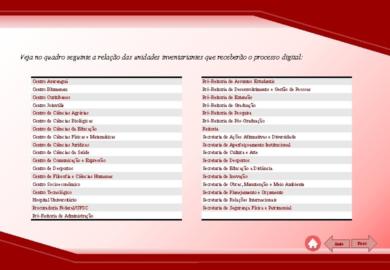 Veja no quadro seguinte a relação das unidades inventariantes que receberão o processo digital: