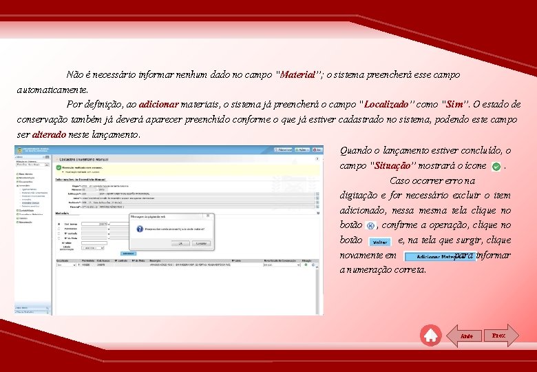 Não é necessário informar nenhum dado no campo “Material”; o sistema preencherá esse campo