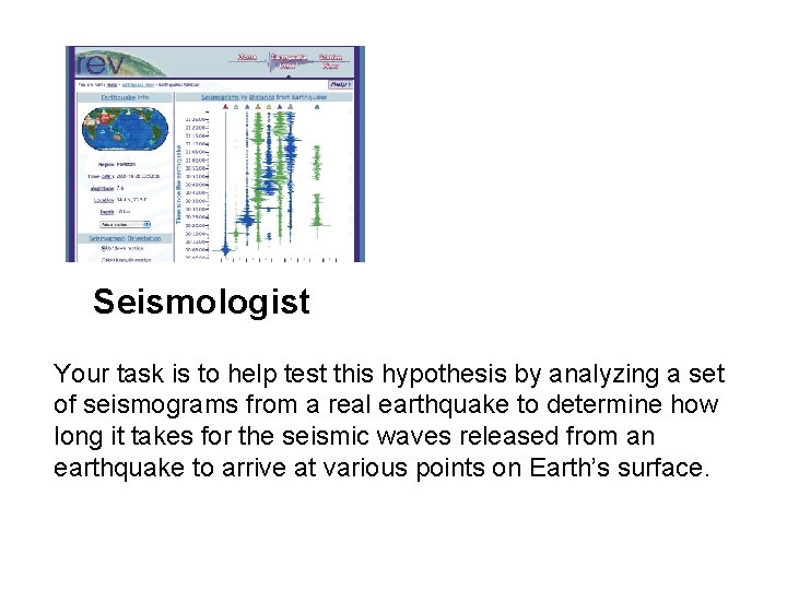 Seismologist Your task is to help test this hypothesis by analyzing a set of