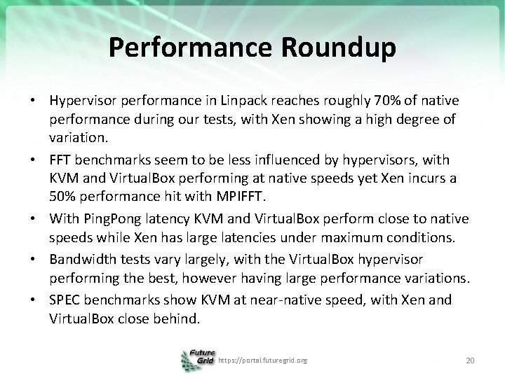 Performance Roundup • Hypervisor performance in Linpack reaches roughly 70% of native performance during