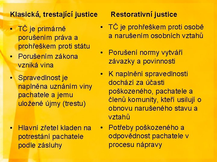 Klasická, trestající justice • TČ je primárně porušením práva a prohřeškem proti státu •