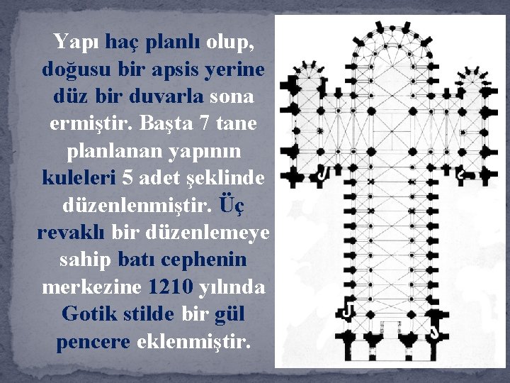 Yapı haç planlı olup, doğusu bir apsis yerine düz bir duvarla sona ermiştir. Başta