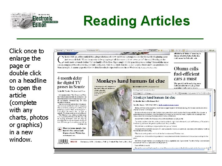 Reading Articles Click once to enlarge the page or double click on a headline