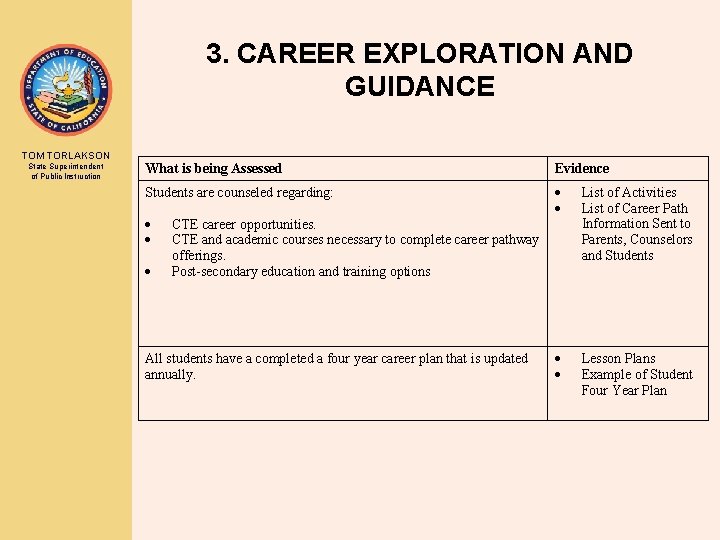 3. CAREER EXPLORATION AND GUIDANCE TOM TORLAKSON State Superintendent of Public Instruction What is