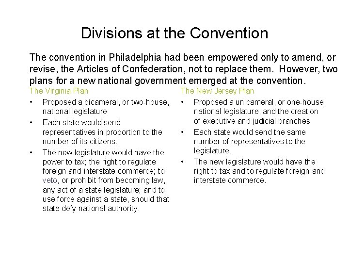 Divisions at the Convention The convention in Philadelphia had been empowered only to amend,