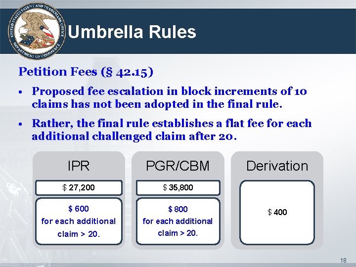 Umbrella Rules Petition Fees (§ 42. 15) • Proposed fee escalation in block increments