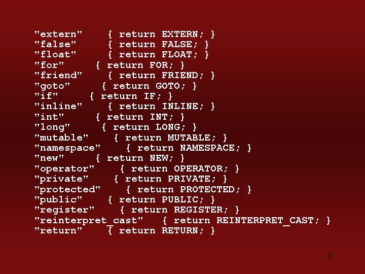 "extern" { return EXTERN; } "false" { return FALSE; } "float" { return FLOAT;