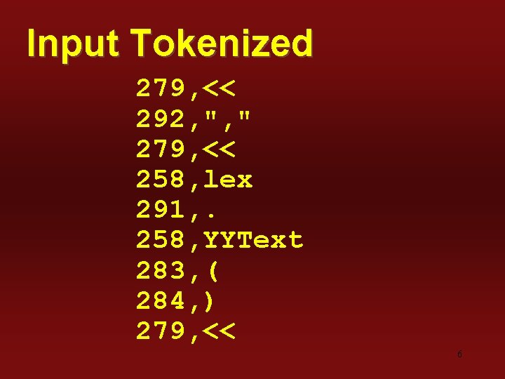 Input Tokenized 279, << 292, ", " 279, << 258, lex 291, . 258,