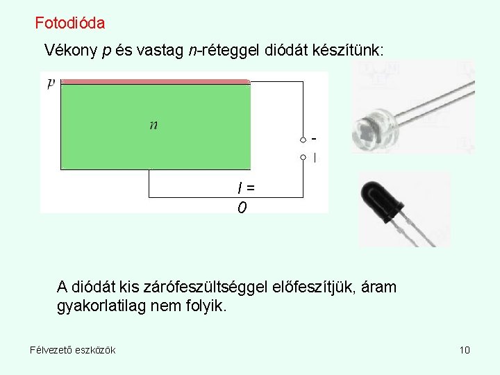 Fotodióda Vékony p és vastag n-réteggel diódát készítünk: I= 0 A diódát kis zárófeszültséggel